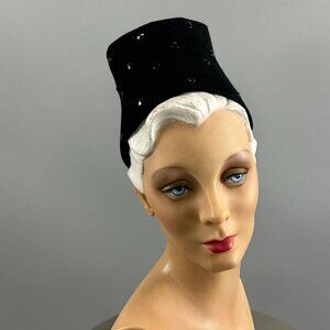 1940s Black Felt Military Hat w/ Jet Beads | Tall Vintage New York Creation Hat